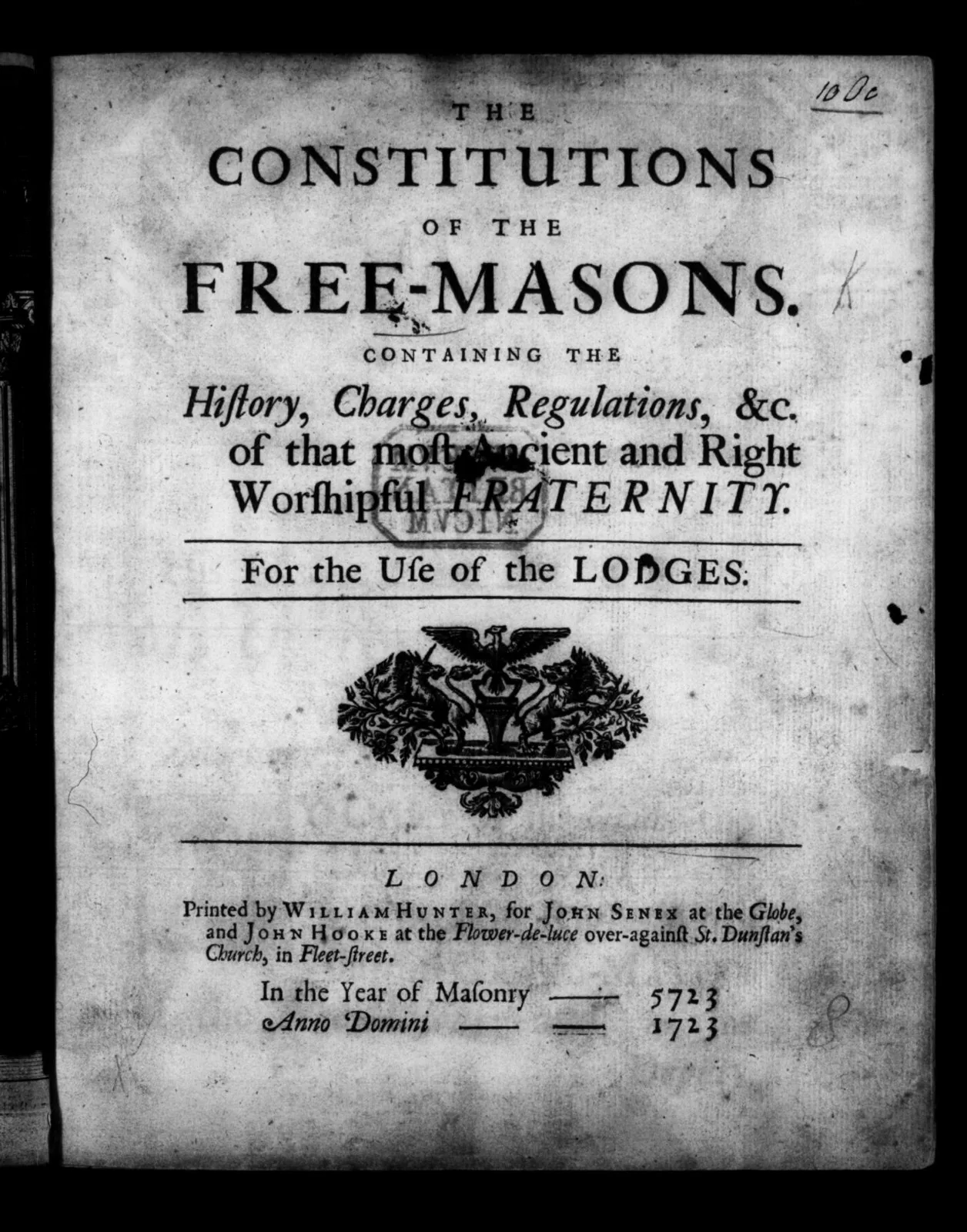 Title page of James Anderson's Constitutions of the Free-Masons, published in 1723