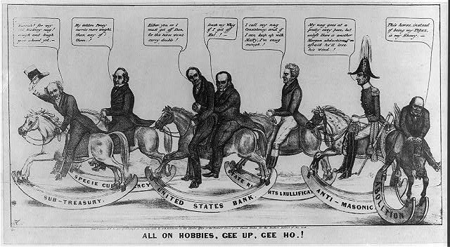 An 1838 American political cartoon satirising competing political movements, including anti-Masonry