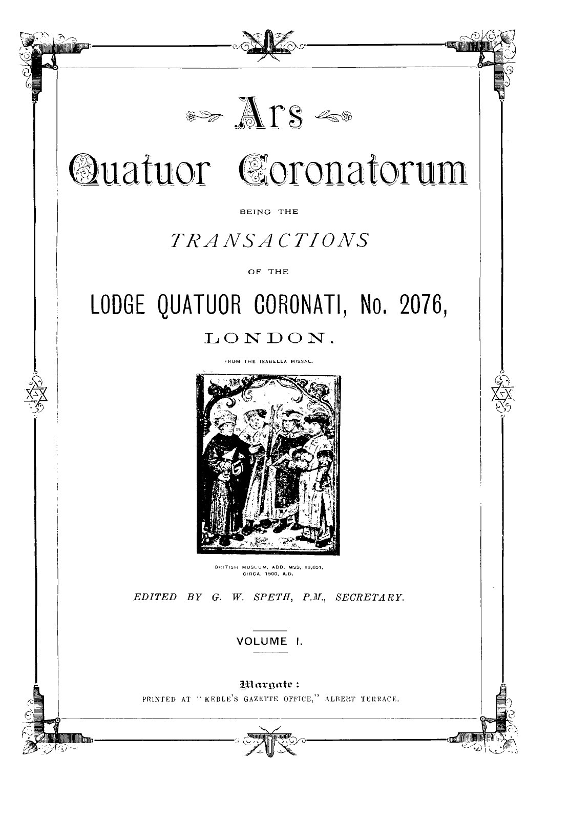 Title page of the first volume of Ars Quatuor Coronatorum, published in 1888