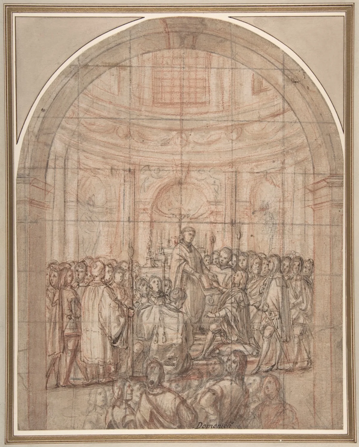 Historical print showing the swearing in of a knight in a seventeenth-century chivalric order