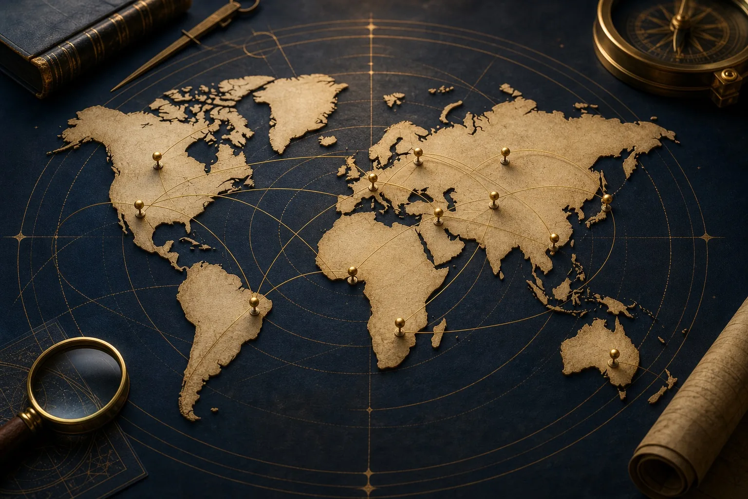 An abstract parchment map with gold route lines and globe-like arcs