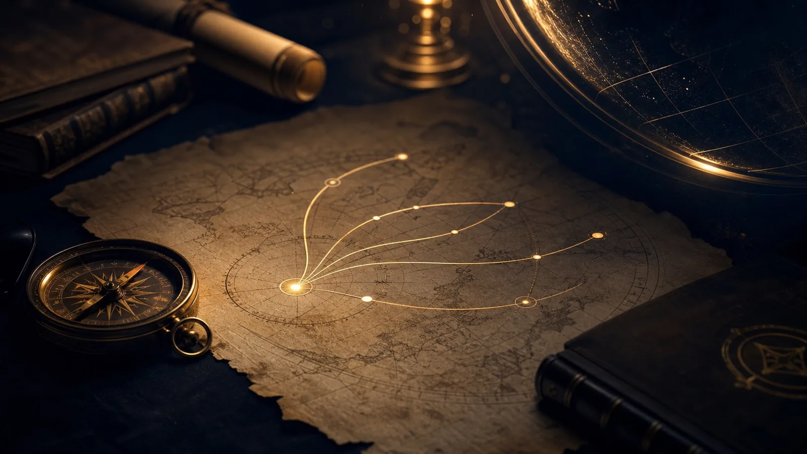 A symbolic parchment route map with warm gold pathways branching across a dark study table