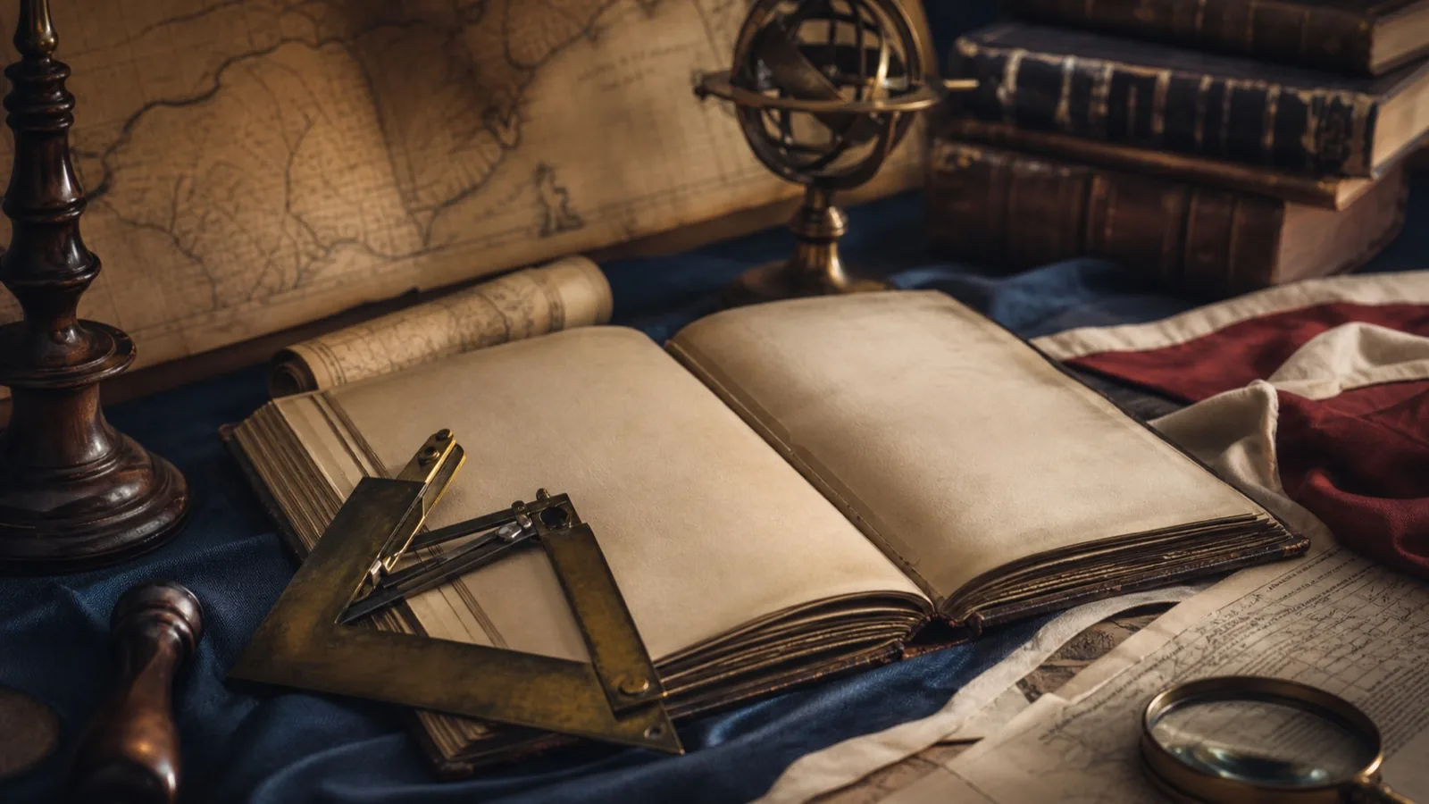 An archival study table with an antique map, open ledger and brass drafting tools