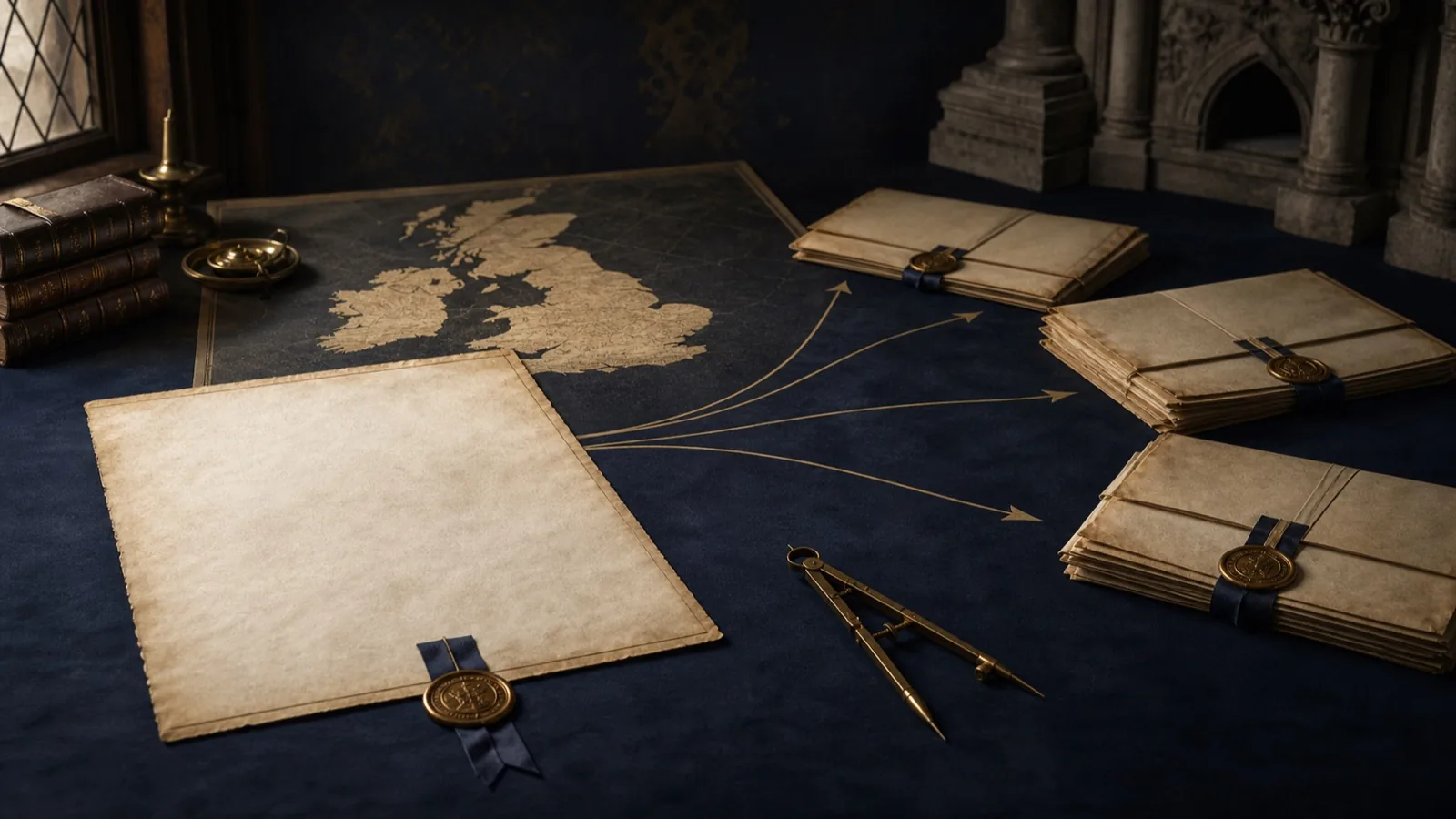 Blank archival papers branching into separately sealed portfolios beside a map of Britain