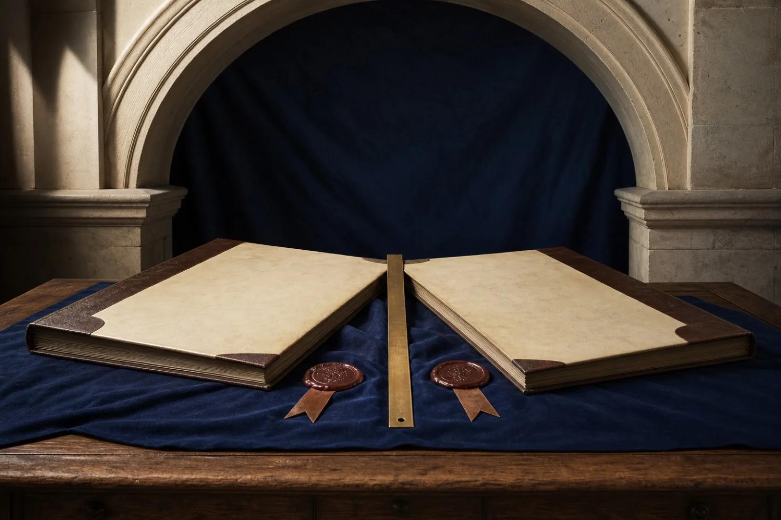 Two blank constitutional folios aligned beneath a stone arch by a brass rule