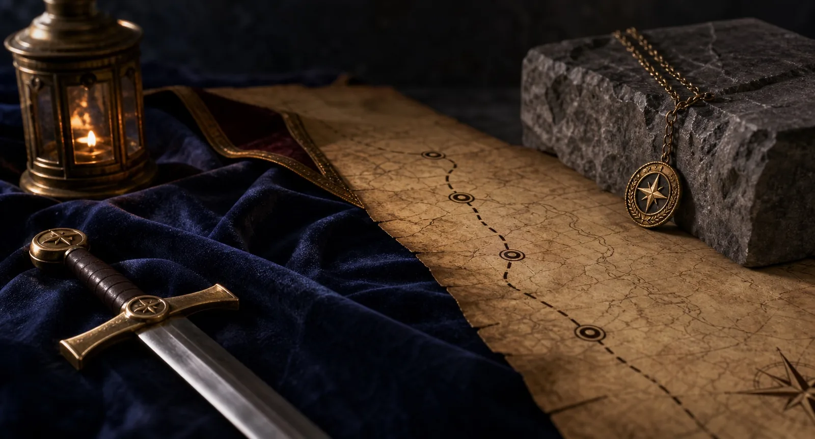A ceremonial sword beside a blank parchment and warm lamp in a restrained chivalric study