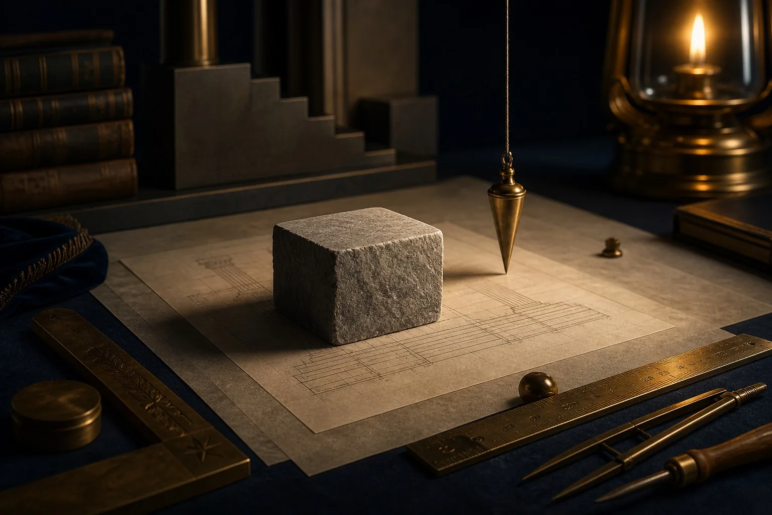 A symbolic stone and brass measuring tools on a dark study table