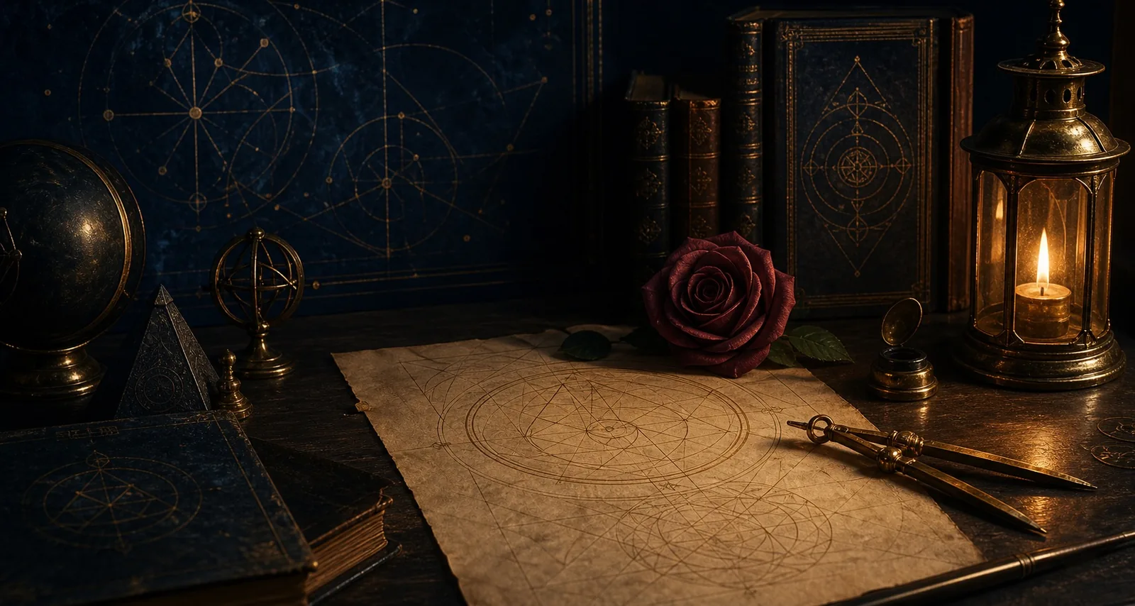 A rose-like form, vellum geometry and brass dividers lit by a lantern
