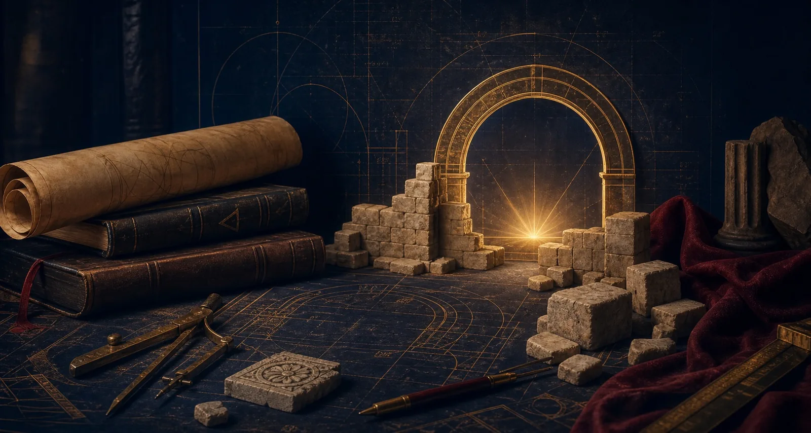 An abstract stone arch with warm light and architectural study lines
