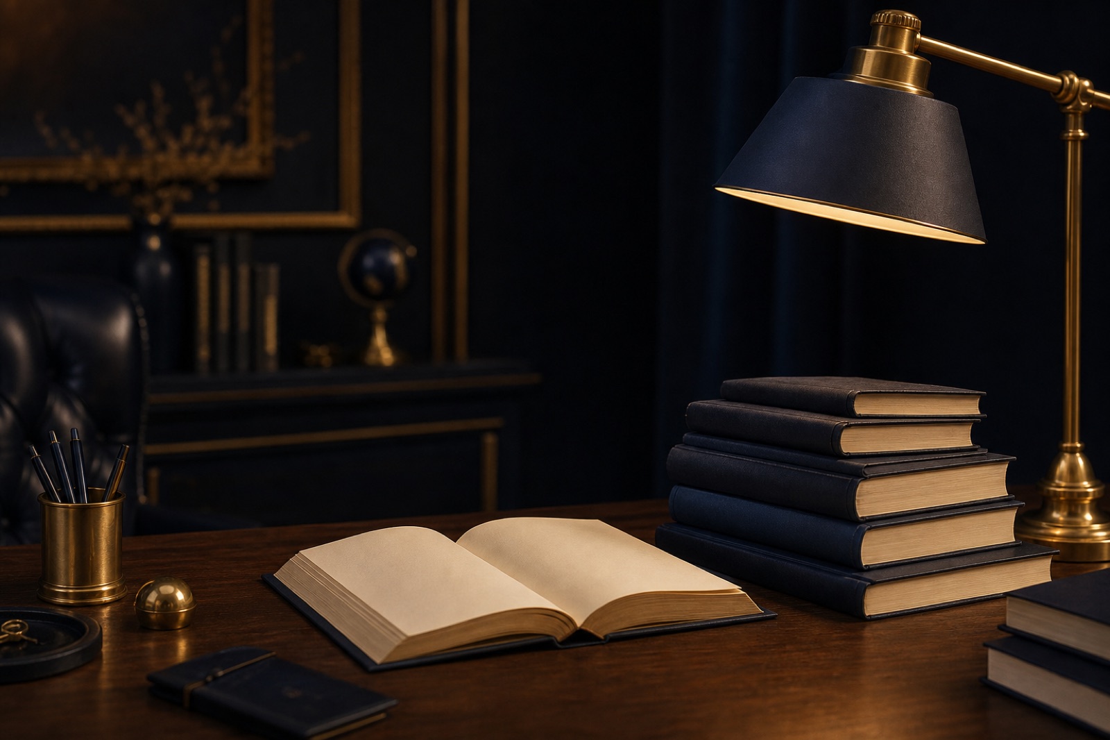 An open blank book, reading glasses and brass dividers on a dark blue study table