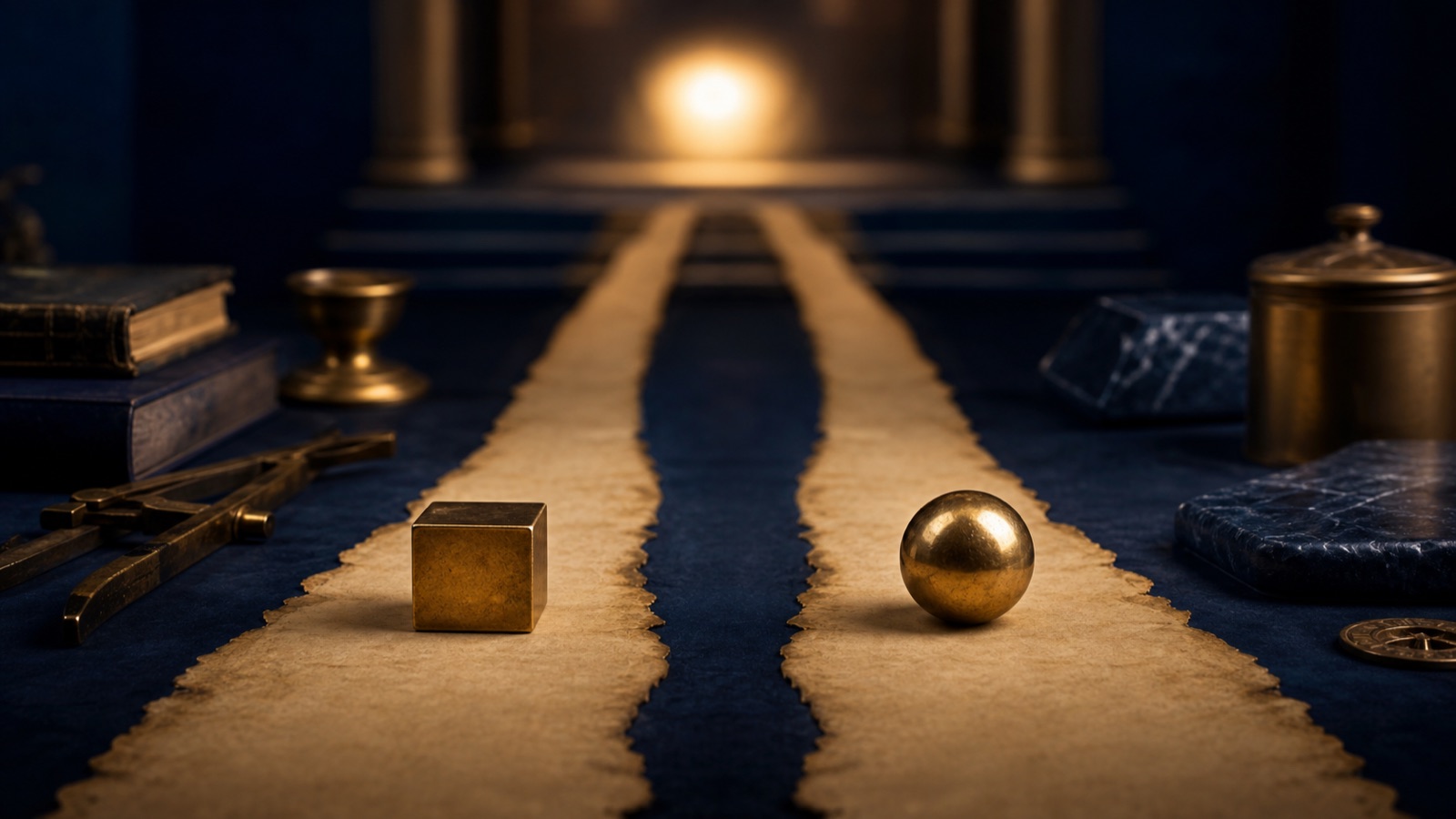 Two parallel parchment paths marked by distinct brass forms