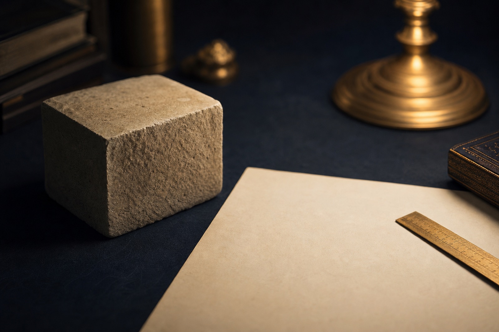 A stone block, brass rule and blank paper arranged on a dark study table