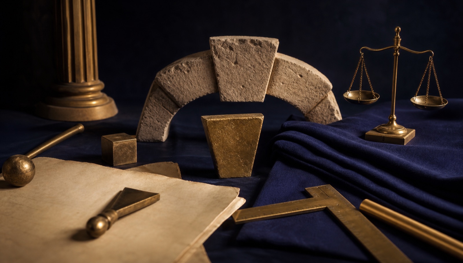 An abstract stone arch, keystone forms and brass objects on deep blue cloth