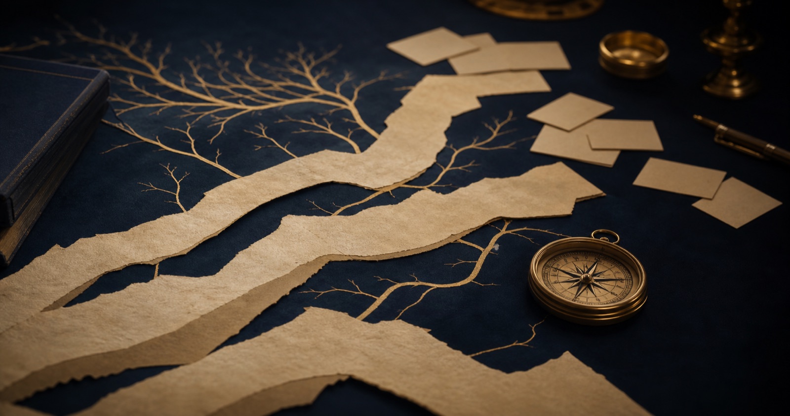 Branching parchment routes and a brass compass on a dark blue table