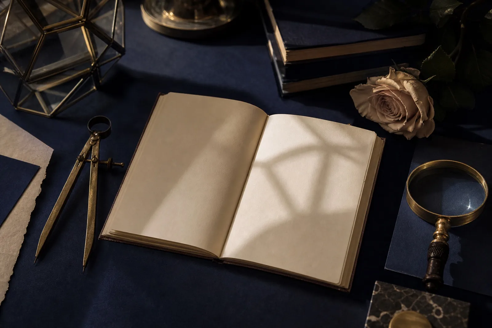 An open blank notebook, dividers, magnifying glass and geometric shadows