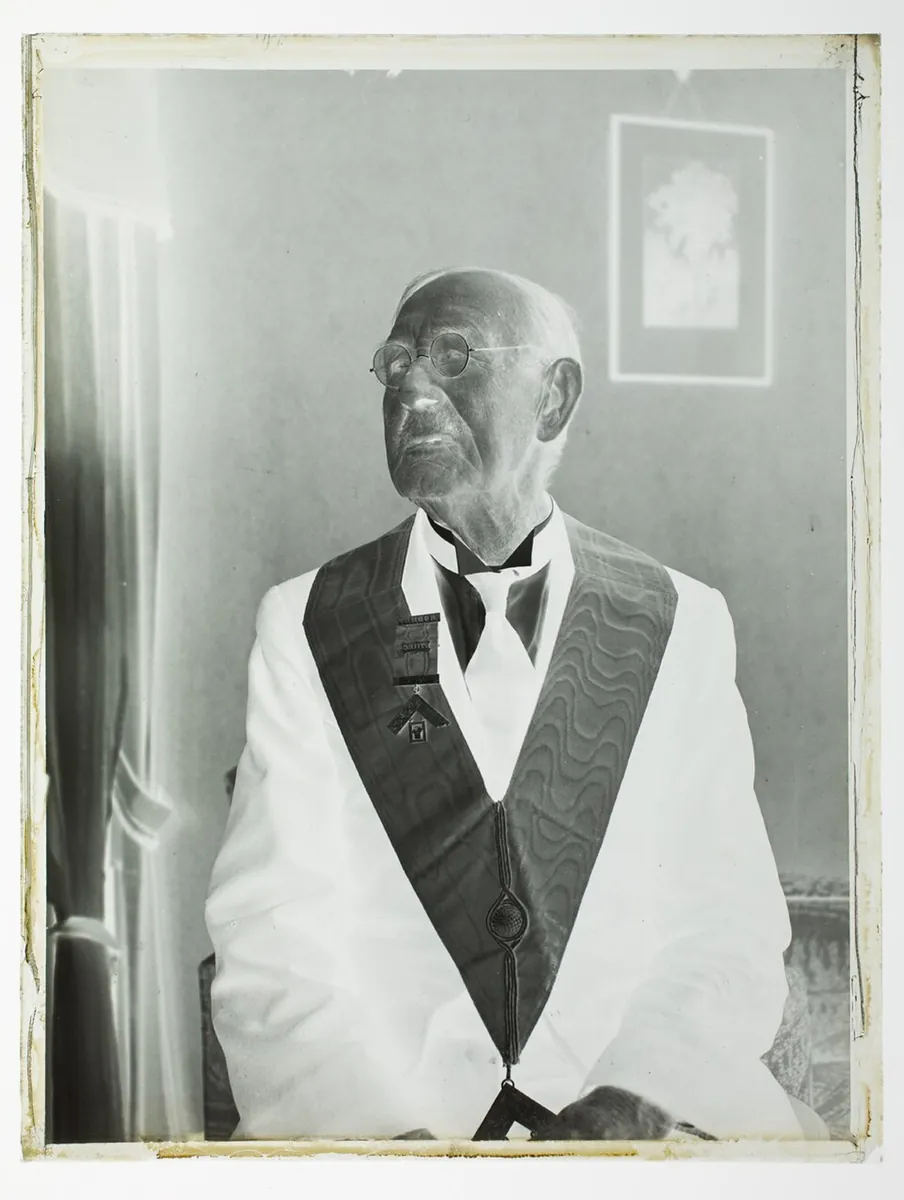 Portrait of an elderly man in freemasons attire with 'Rodney 1711EC Lodge' badge (AM 87000-2)