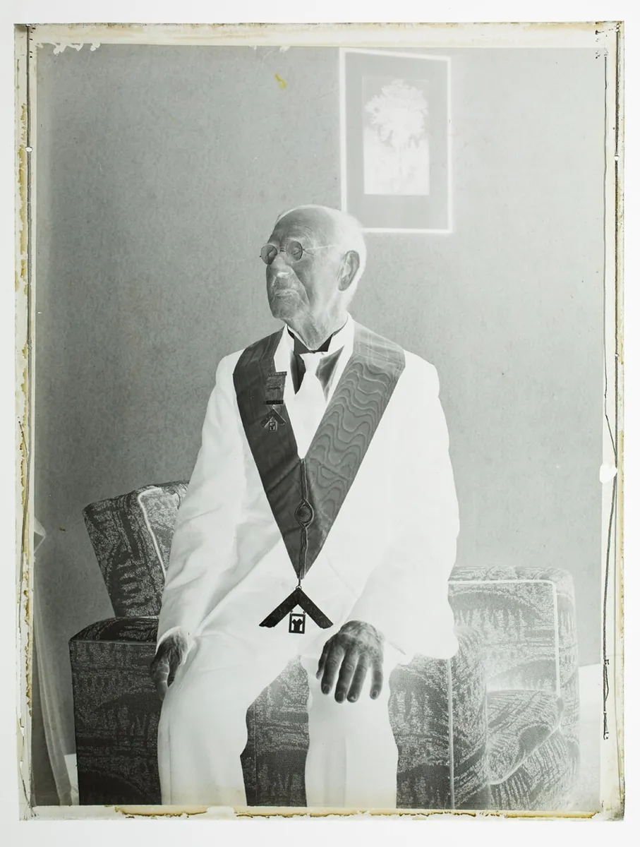 Portrait of an elderly man in freemasons attire with 'Rodney 1711EC Lodge' badge (AM 87001-2)