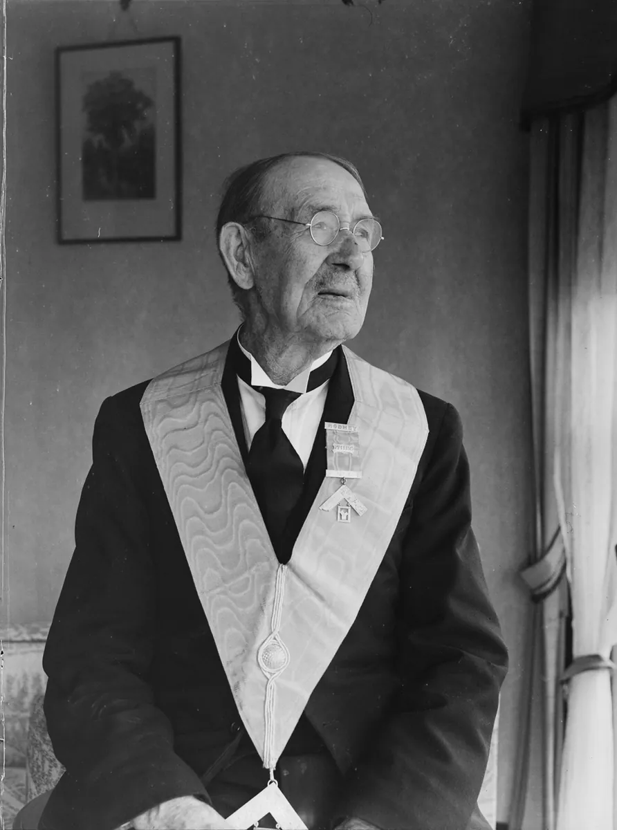 Portrait of an elderly man in freemasons attire with 'Rodney 1711EC Lodge' badge (AM 87002-1)