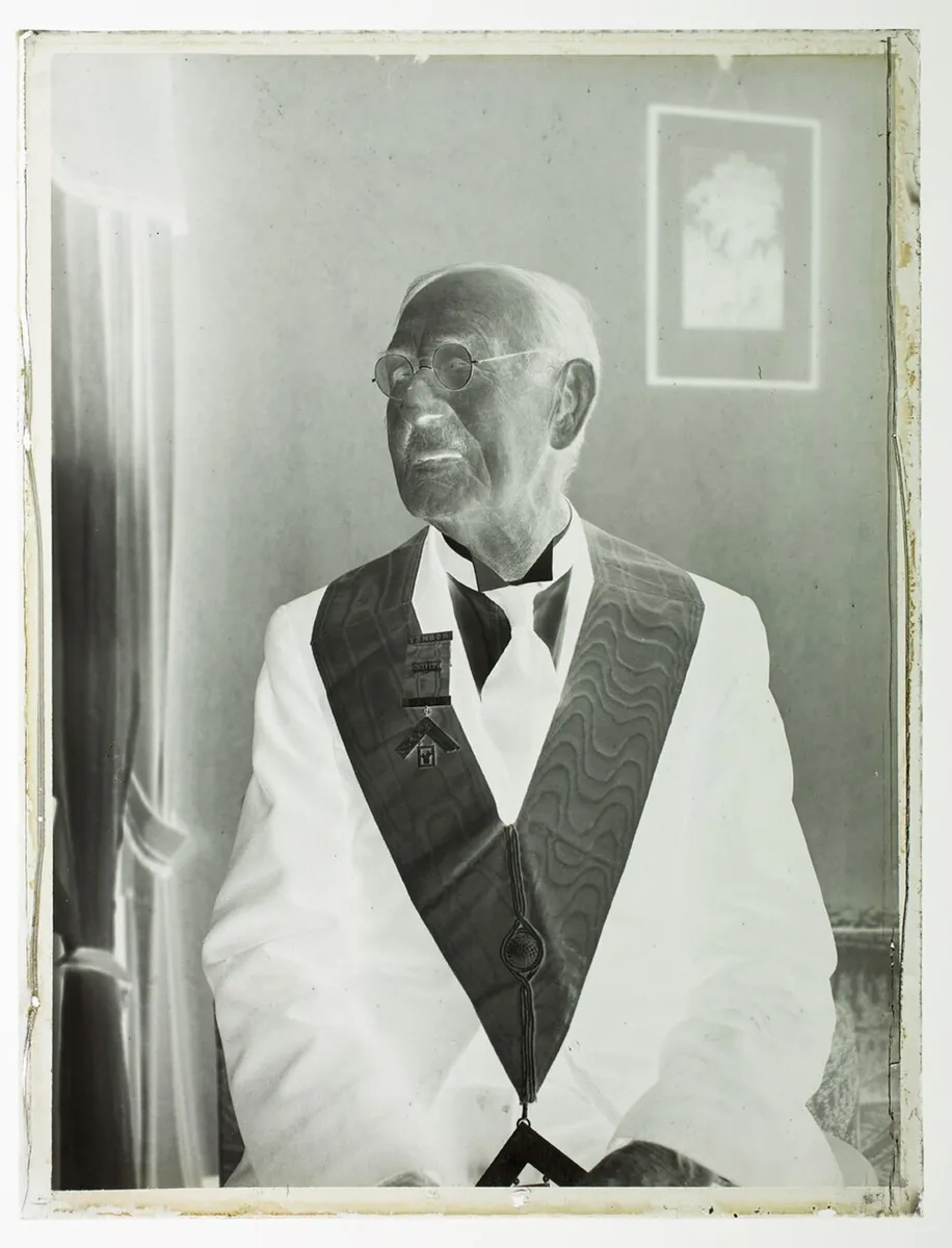 Portrait of an elderly man in freemasons attire with 'Rodney 1711EC Lodge' badge (AM 87002-2)