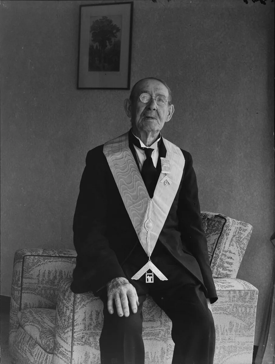 Portrait of an elderly man in freemasons attire with 'Rodney 1711EC Lodge' badge (AM 87003-1)