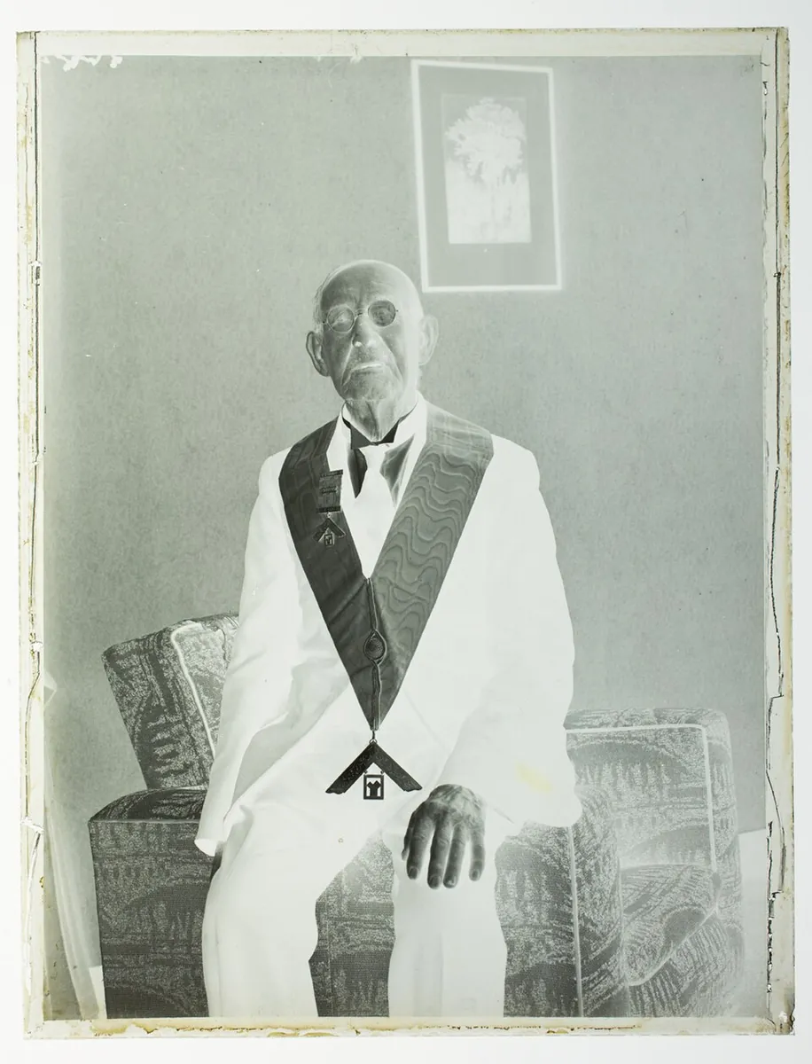 Portrait of an elderly man in freemasons attire with 'Rodney 1711EC Lodge' badge (AM 87003-2)