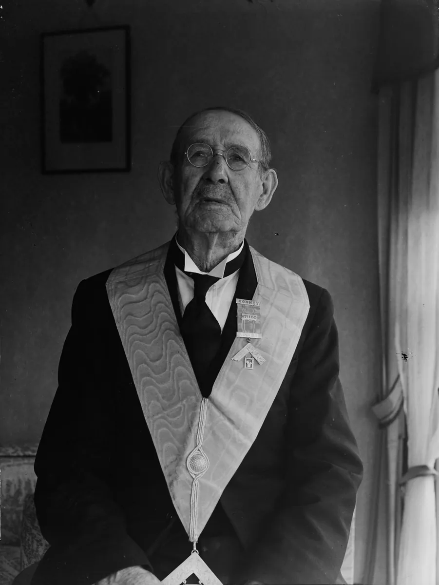 Portrait of an elderly man in freemasons attire with 'Rodney 1711EC Lodge' badge (AM 87004-1)