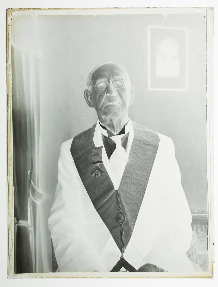 Portrait of an elderly man in freemasons attire with 'Rodney 1711EC Lodge' badge (AM 87004-2)