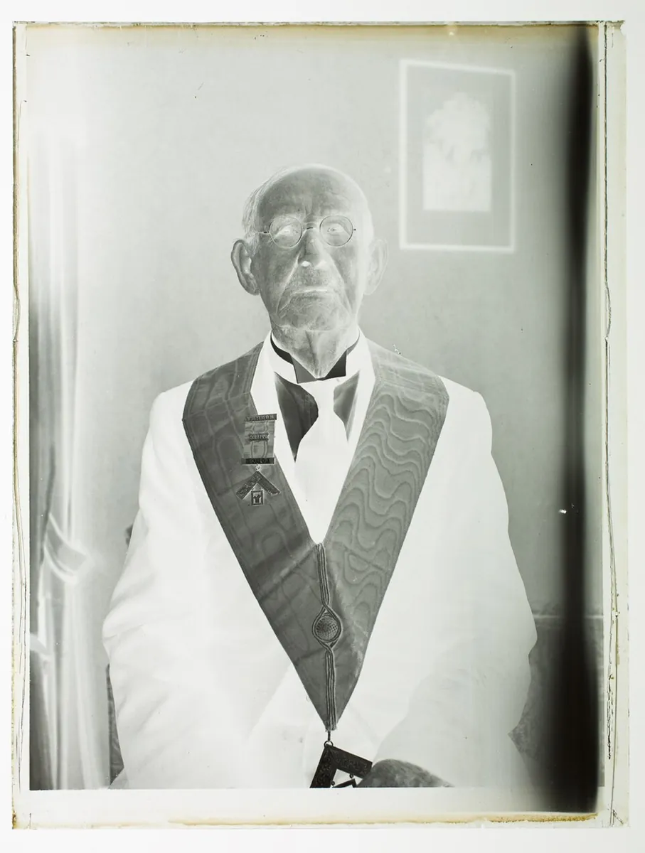 Portrait of an elderly man in freemasons attire with 'Rodney 1711EC Lodge' badge (AM 87005-2)