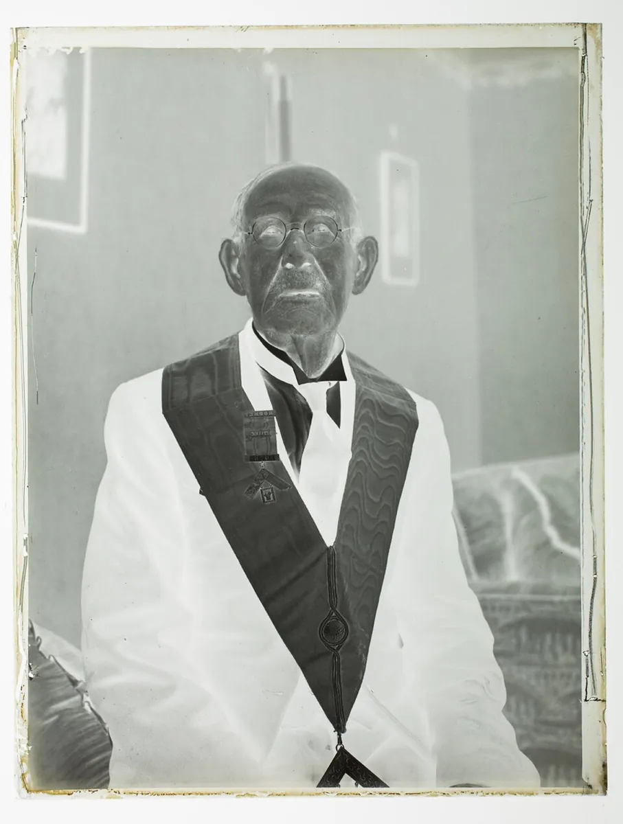 Portrait of an elderly man in freemasons attire with 'Rodney 1711EC Lodge' badge (AM 87006-2)