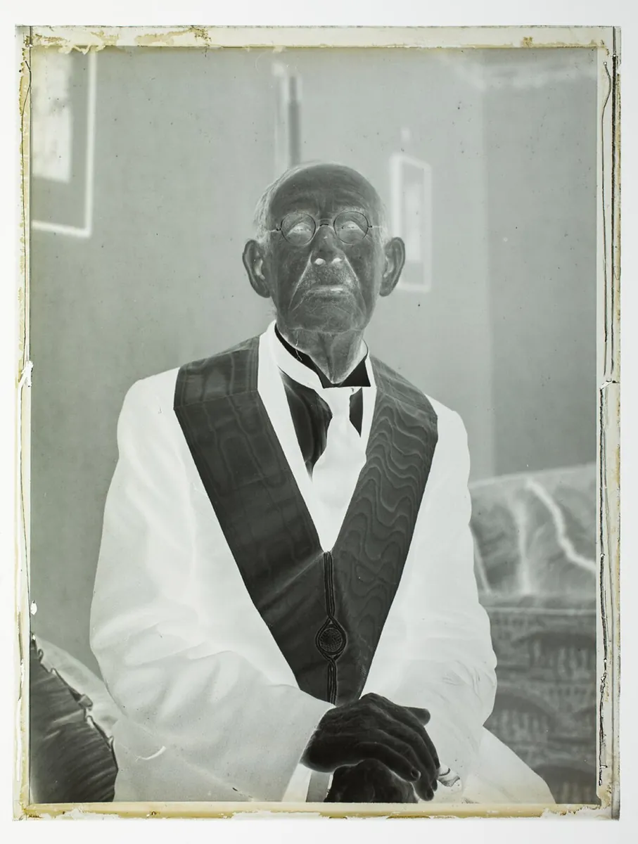 Portrait of an elderly man in freemasons attire with 'Rodney 1711EC Lodge' badge (AM 87007-2)