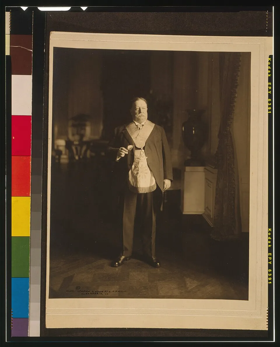 William Howard Taft, full-length portrait, standing, facing slightly right, in Masonic regalia